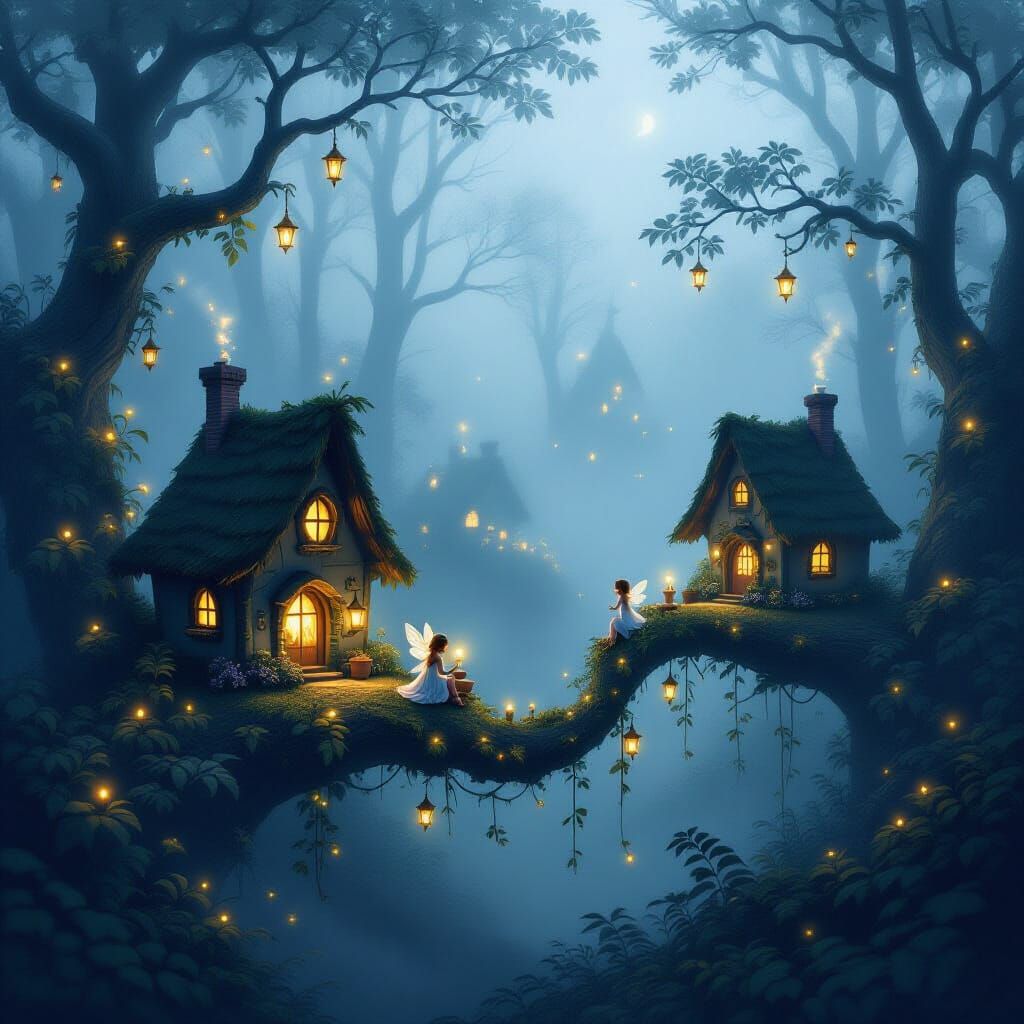 Whimsical Fairy Cottages in Misty Twilight Forest