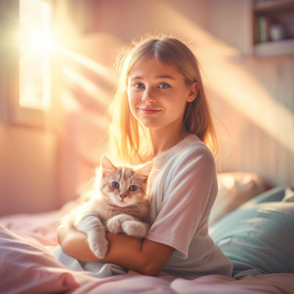 Girl with Kitten in Pastel Watercolor Bedroom