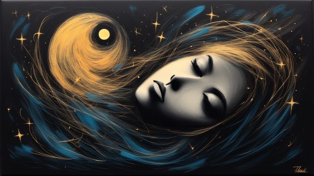 Golden Moon Face With Cracked Texture In Dark Blue