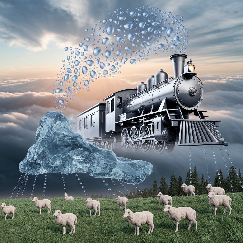 Surrealist Water Scene with Steam Train and Lush Greenery