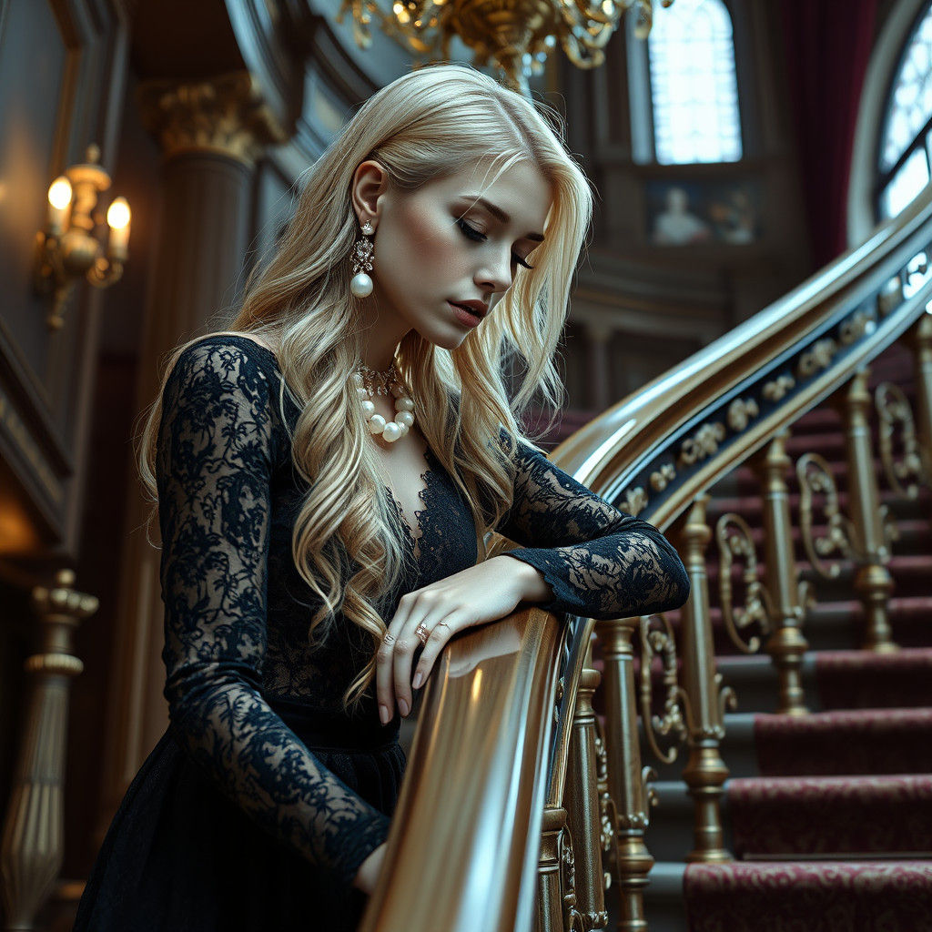 Blonde in Black Lace Dress on Grand Staircase