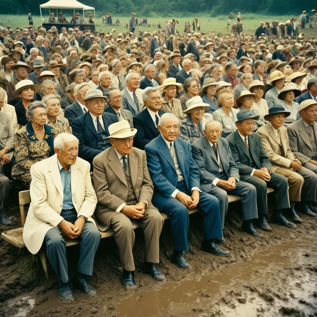Senior Citizens at Muddy Outdoor Concert: 1960s Polaroid