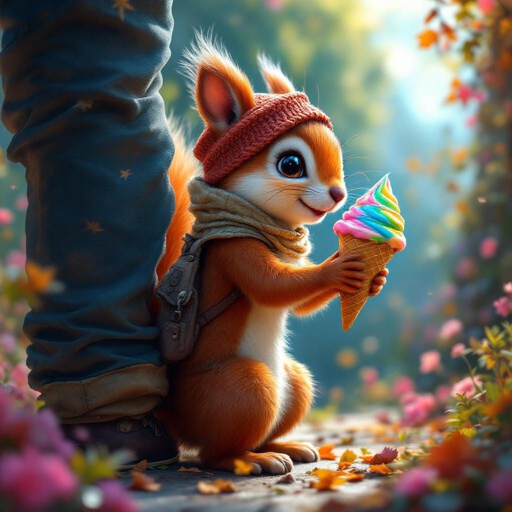 Squirrel Reaching for Ice Cream, Matte Painting Style