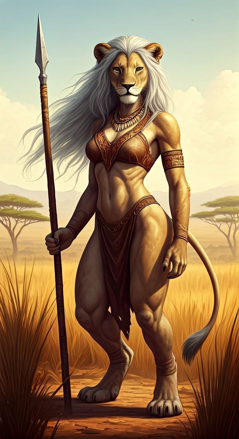Anthropomorphic Lioness with Spear in a Sun-Drenched Savanna