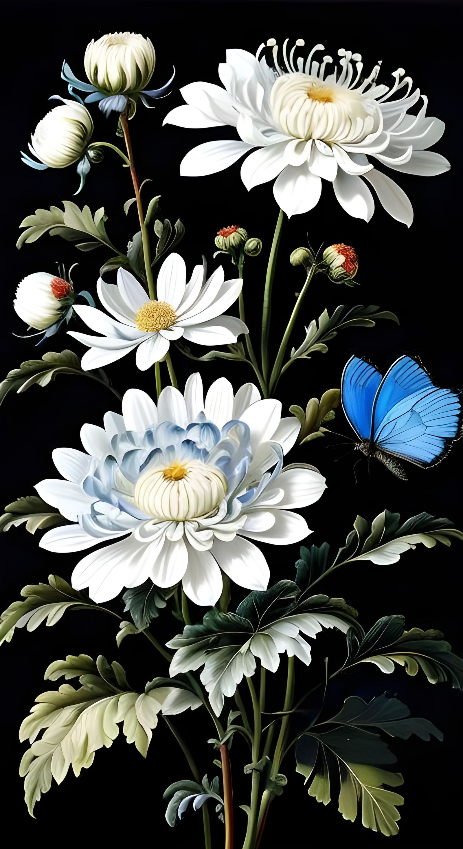 Chrysanthemums and Blue Morpho Butterfly in Haiku Style