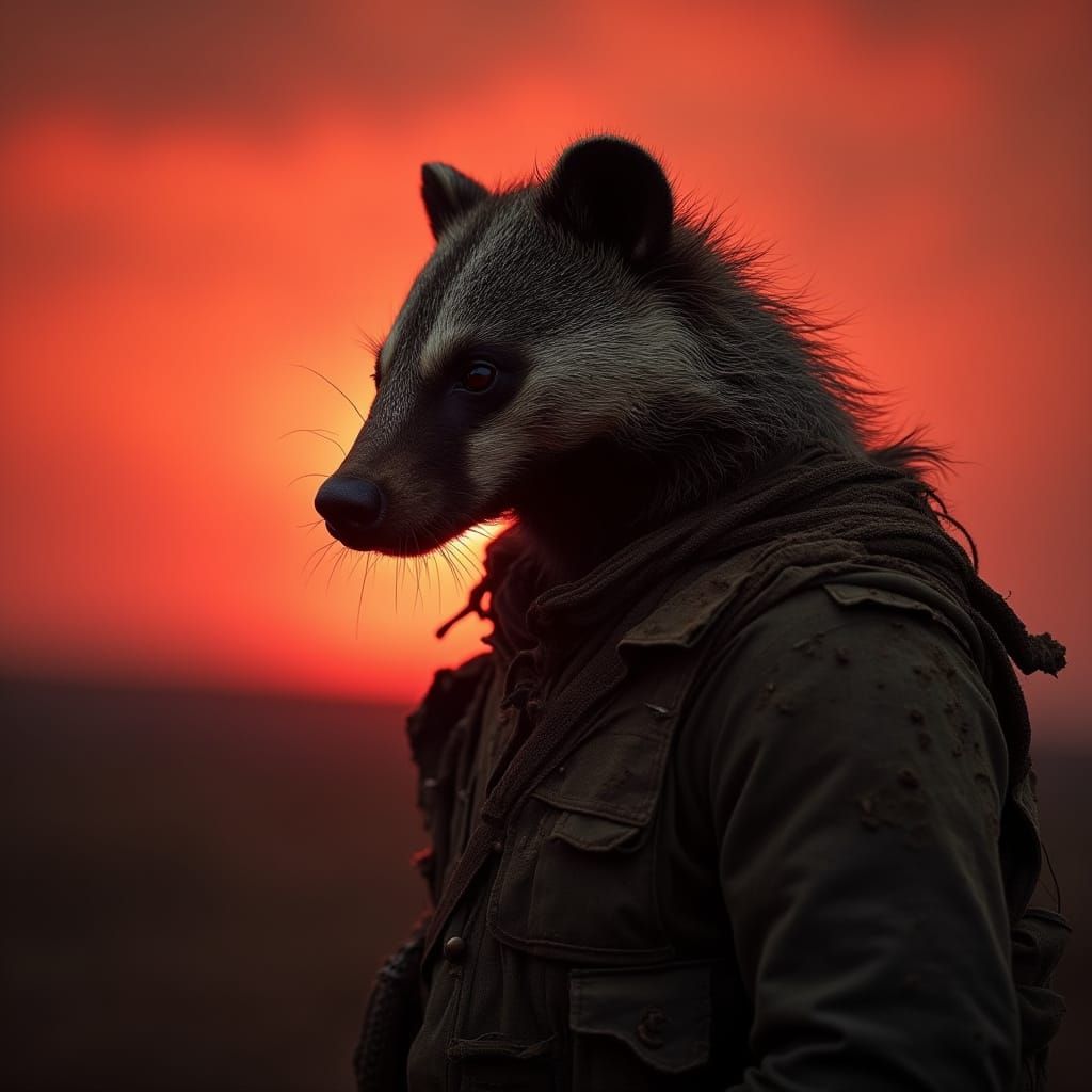 War-weary Badger General Stands Vigilant at Sunset