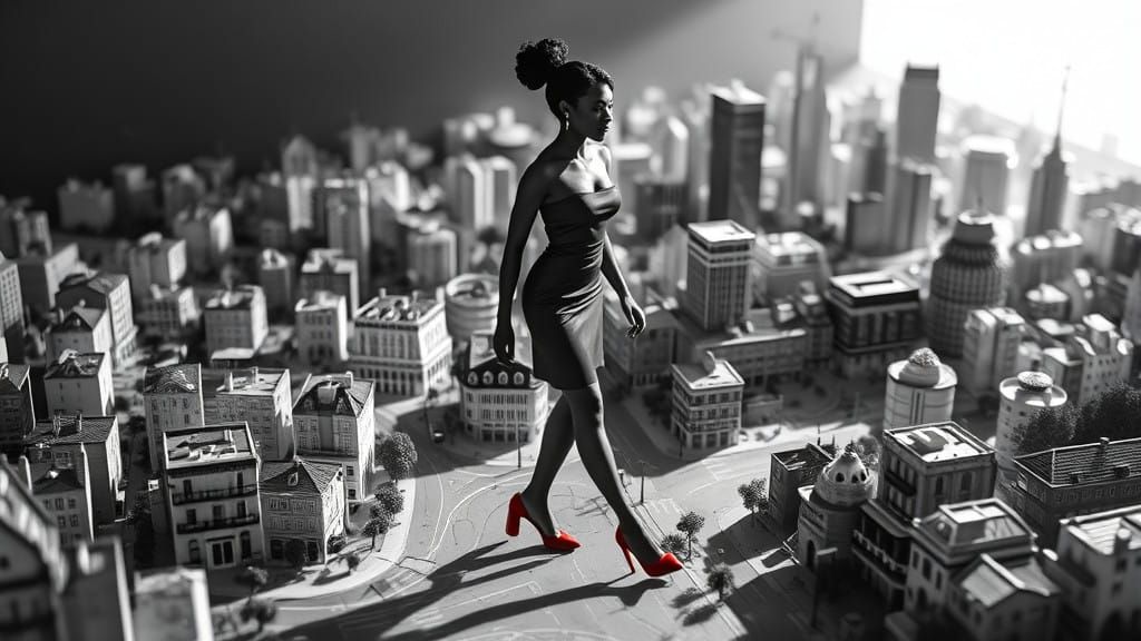 Confident Giantess Walks Through Miniature City in Noir-Insp...
