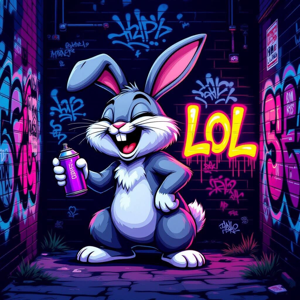Laughing Bunny Graffiti Art in Urban Alleyway