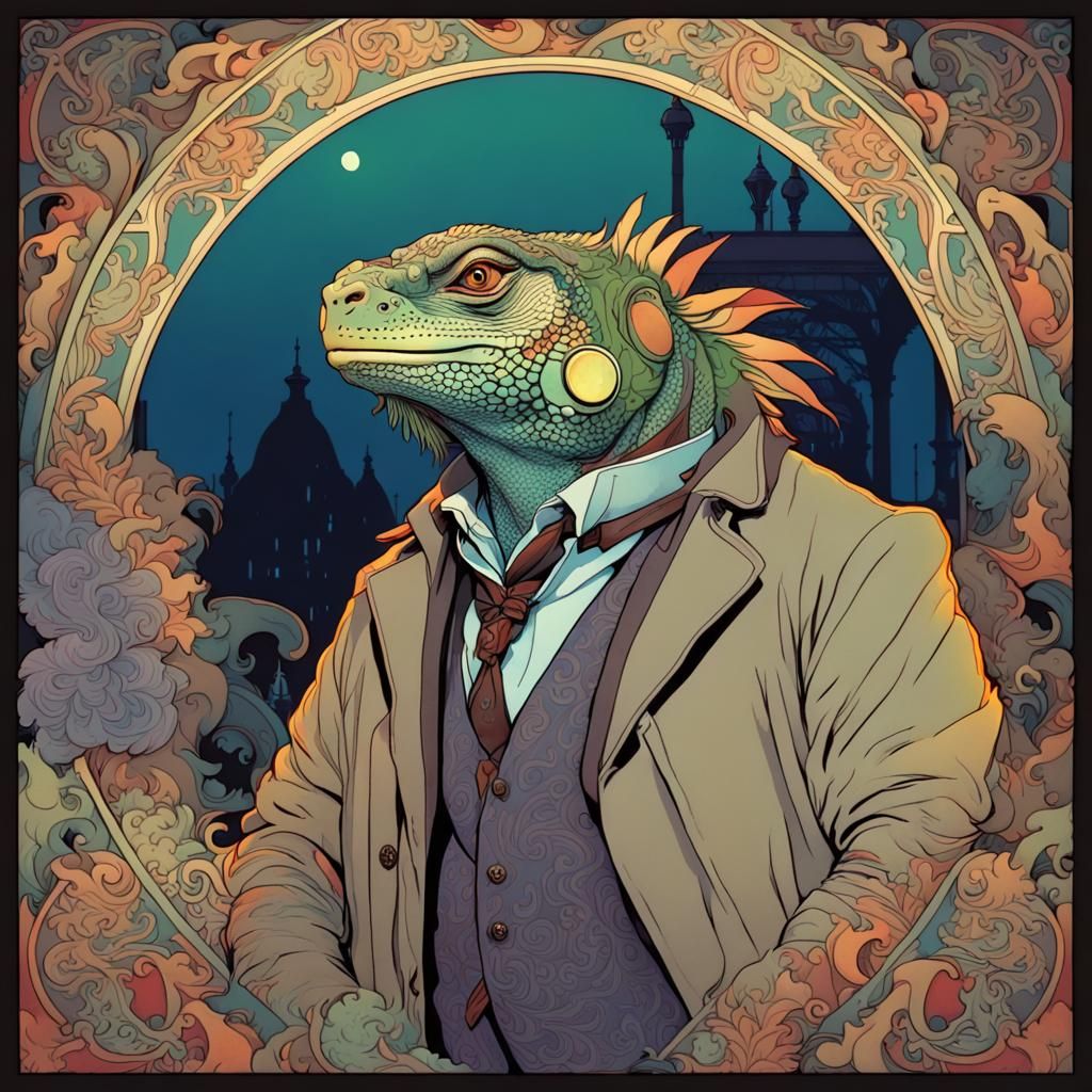 Detective Iguana in Moonlit Fairground, Art Nouveau Style