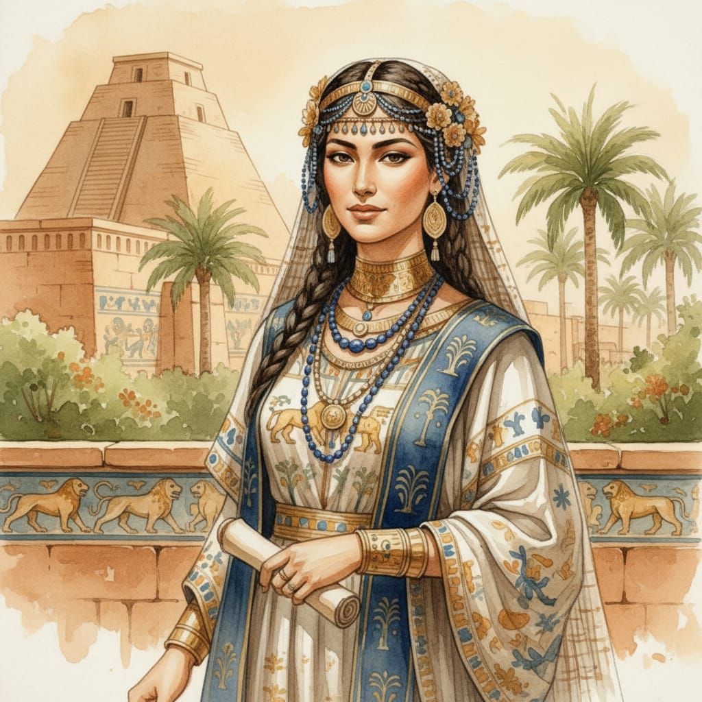 Babylonian Noblewoman in Watercolor Portrait