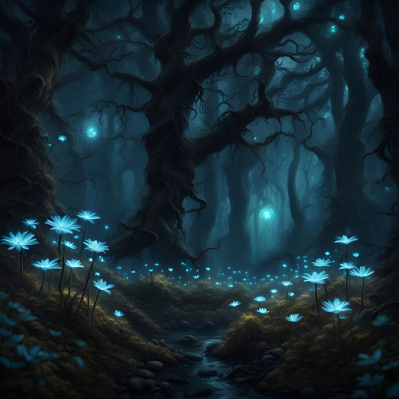 Bioluminescent Flowers Light a Spooky Forest