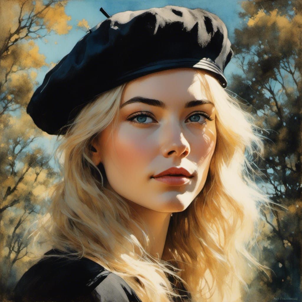 Woman in Beret Portrait in Charcoal Ink Art Style