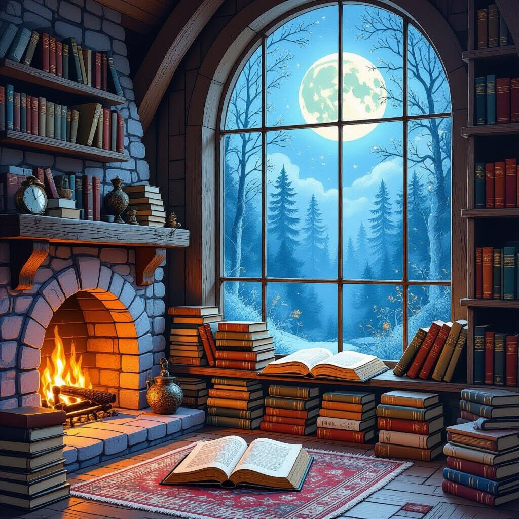 Cozy Reading Nook in Moonlit Forest, Whimsical Storybook Sty...