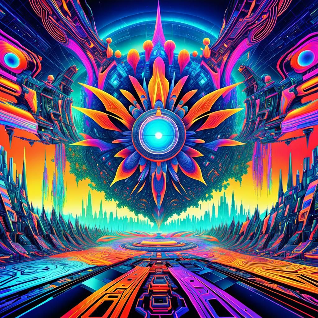 Fractal voyages in cybernetic realms, vibrant fusion, cosmic whispers, psychedelic solitude, spiritual nexus, multidimen...