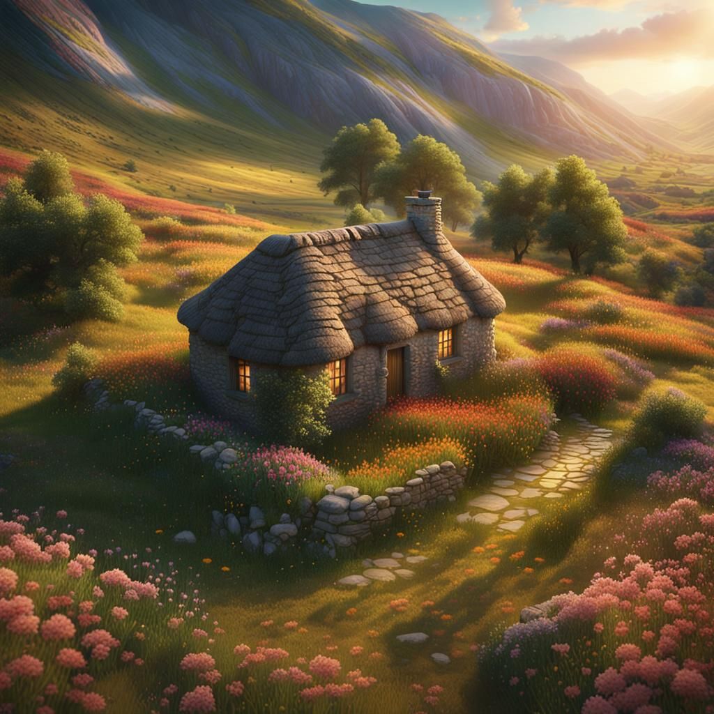Stone Cottage in Valley of Flowers: Digital Matte Painting