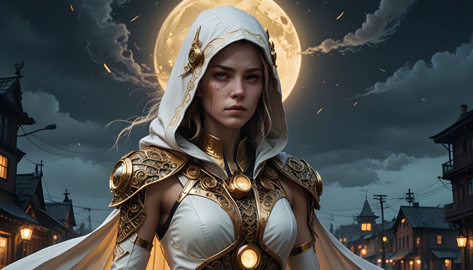 Ethereal Woman in Golden Leather Armor Amidst Lunar Glow