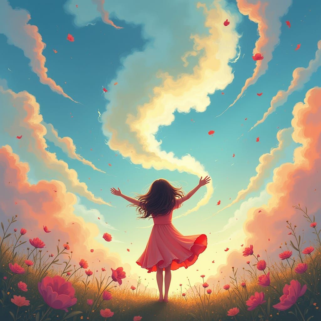 Joyful Cartoon Girl in Fantasy Landscape