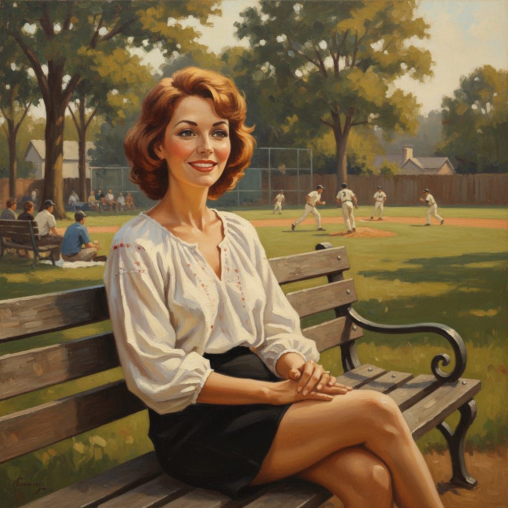 Nostalgic Oil Painting of Woman Watching Softball Game