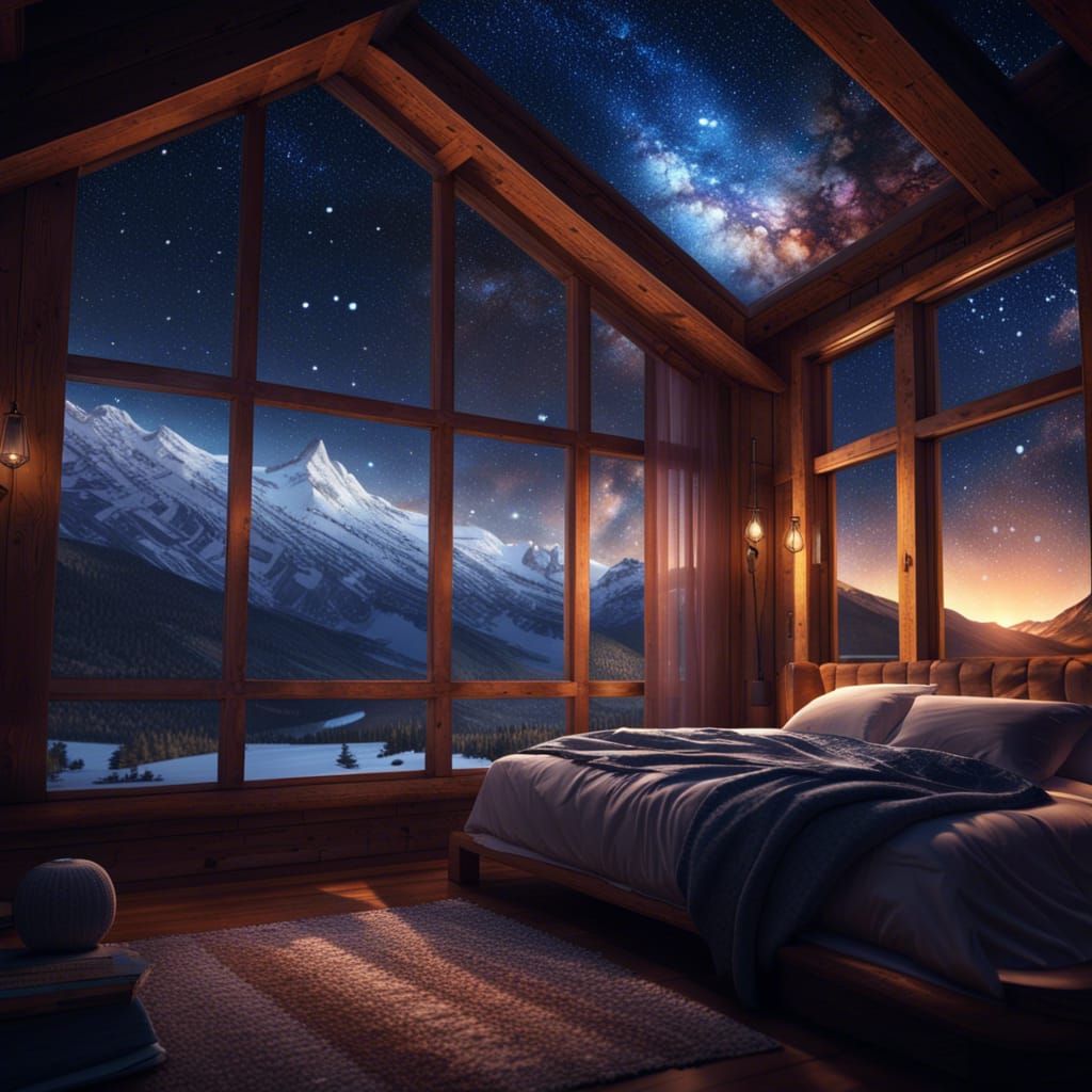 Cozy Cabin Interior with Snowy Mountain View