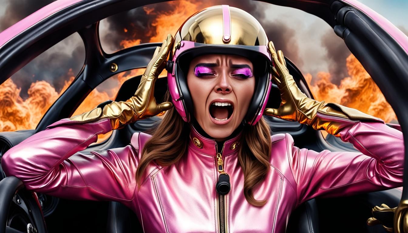 Fearful Racer in Burning Car: High-Detail AI Image