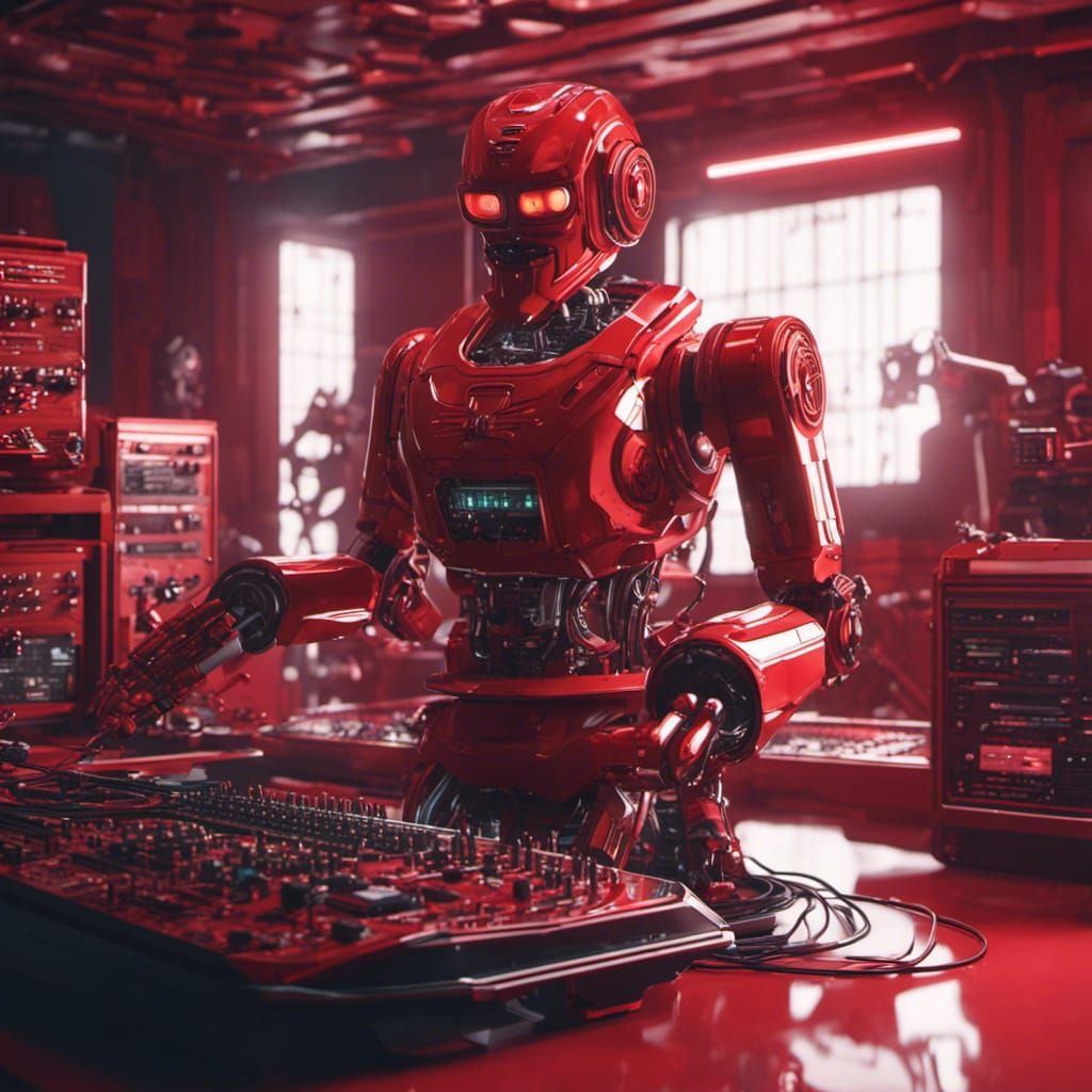 Vintage Red Robot Plays Synth in Sci-Fi Room