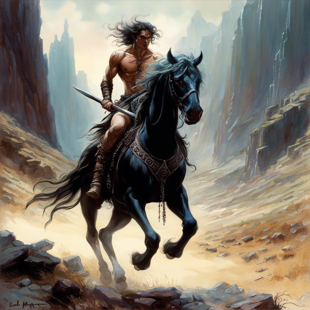 Male Centaur Galloping Through Valley in Dark Fantasy Style