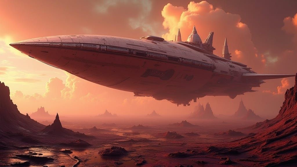 Sleek Spaceship Lands on Alien Planet in Futuristic Aestheti...