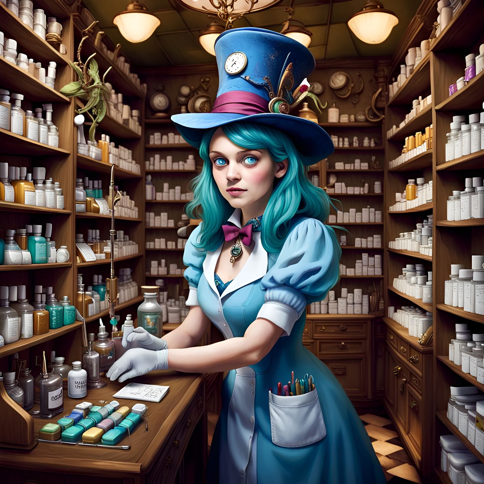Alice working at Mad Hatter Pharmacy