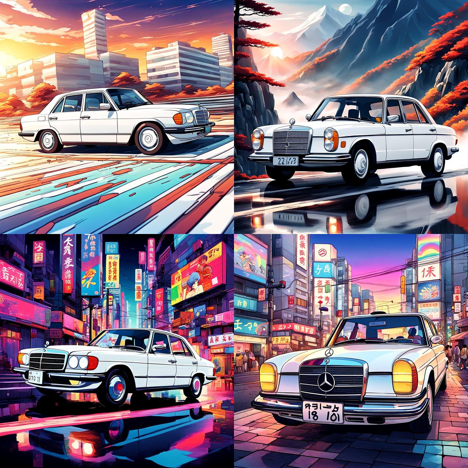 Old White Mercedes in Manga Cartoon Style
