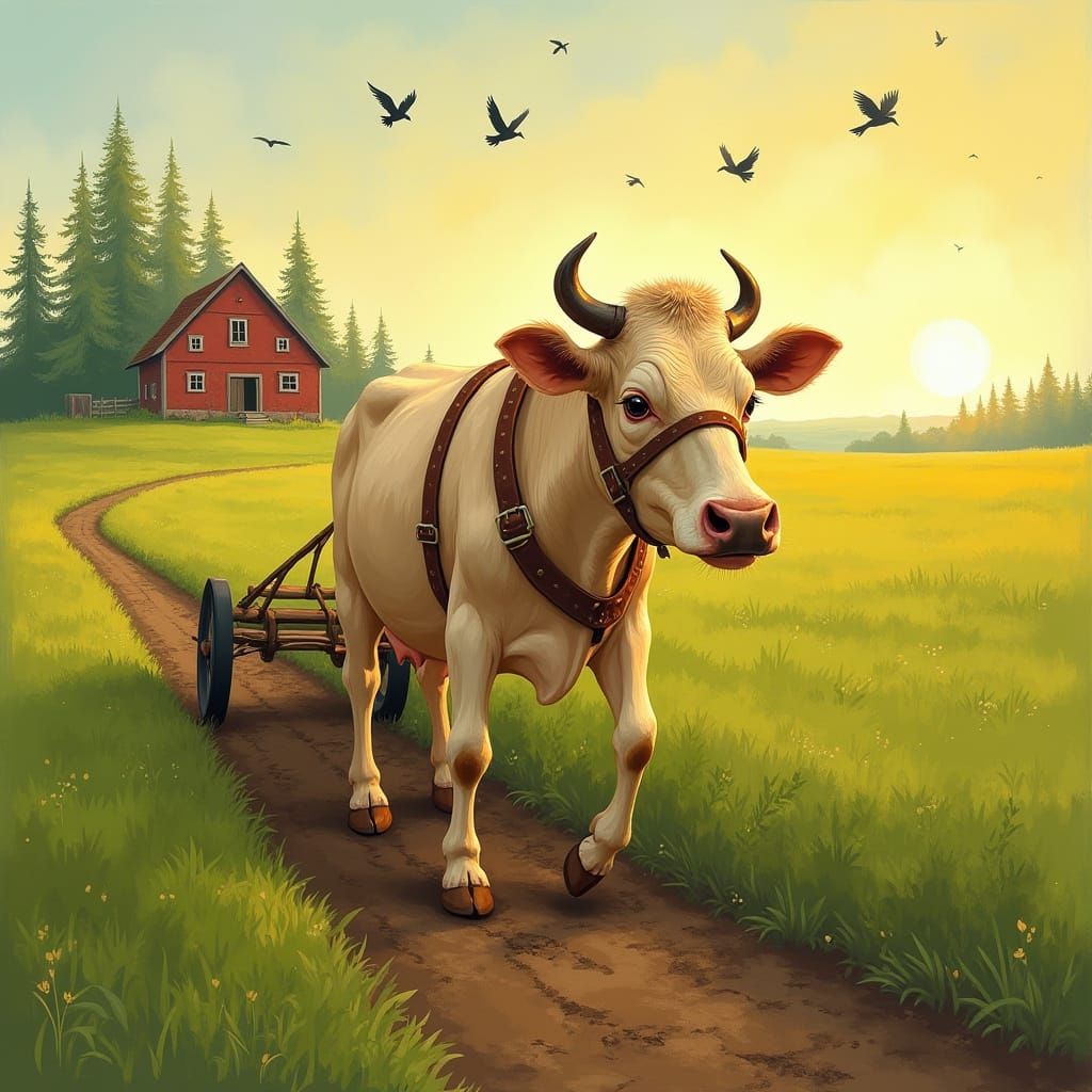 Determined Cow Plows Lush Field in Whimsical Folk-Art Style