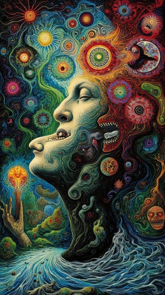 Mindscape of Emotions: Serene Face Amidst Chaotic Feelings