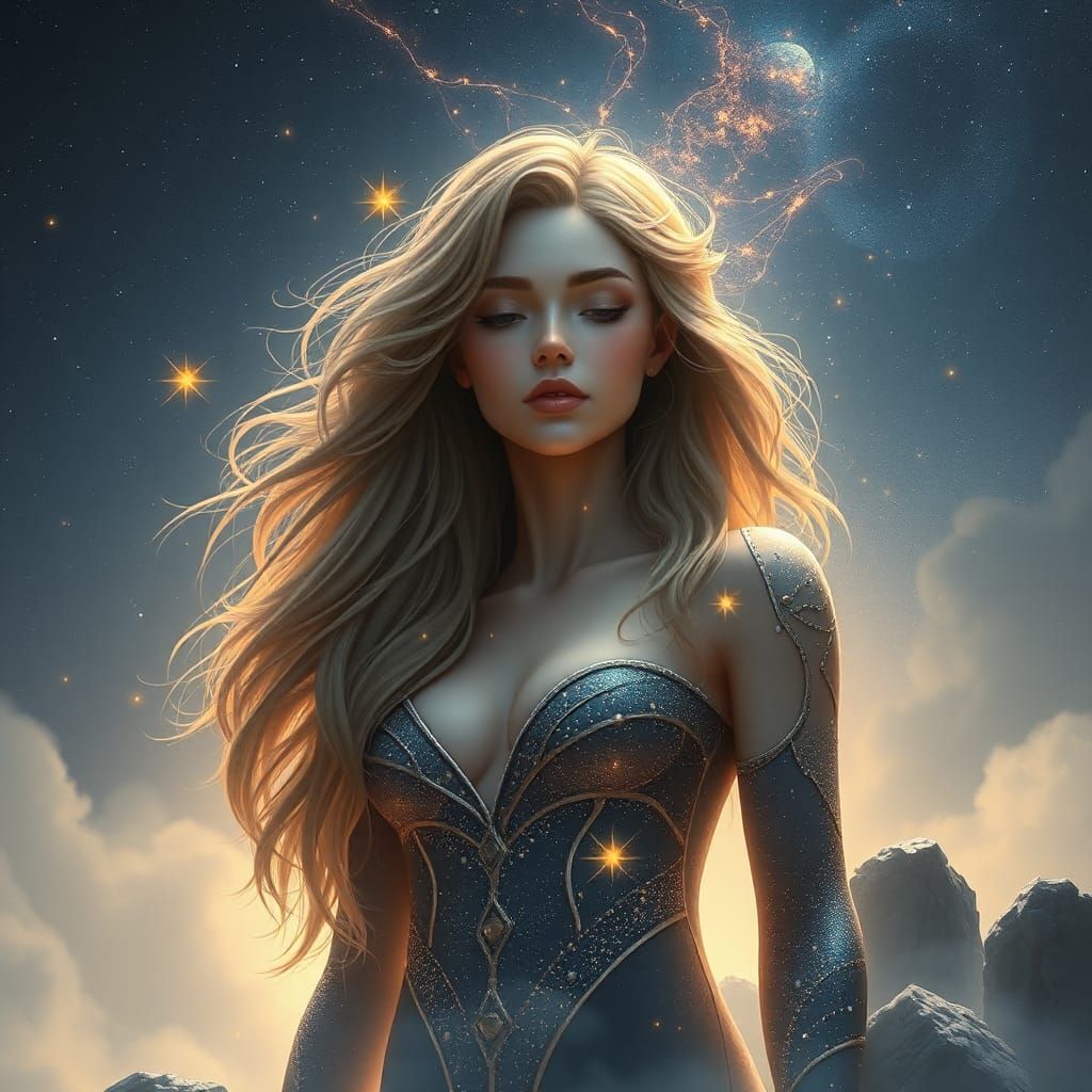 Ethereal Galaxy Woman on Cloudy Sky, Detailed Matte Painting