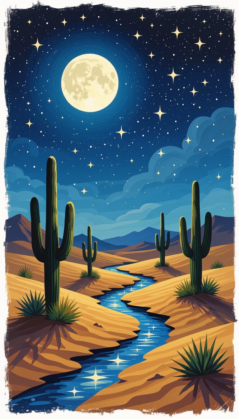 Moonlit Desert River of Stars, Classic Painting