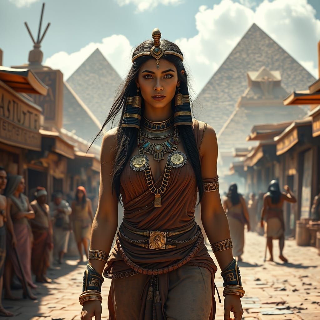 Ancient Egyptian Woman in Bustling Marketplace