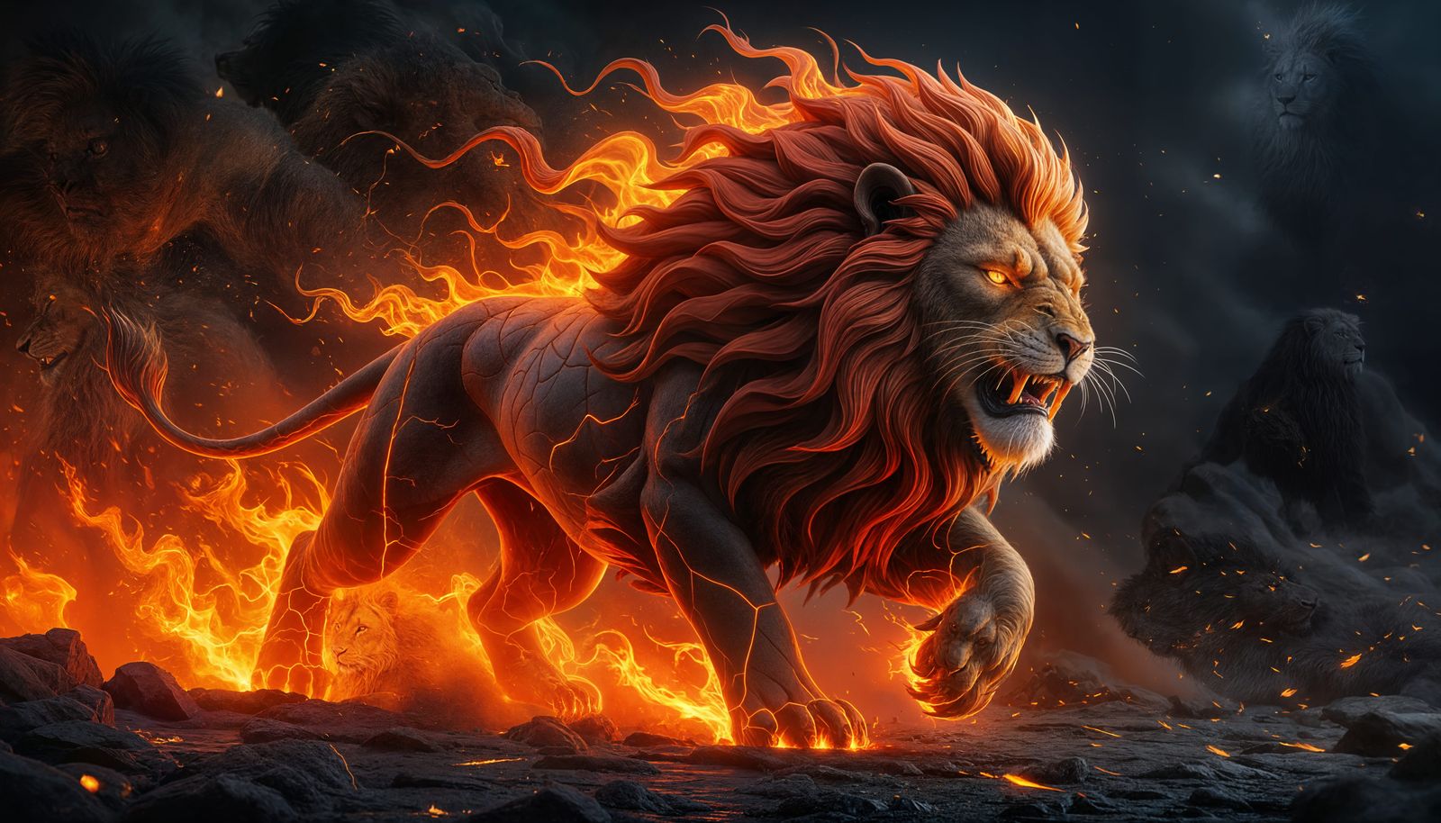 Fiery Lion with Molten Cracks in Dynamic Motion
