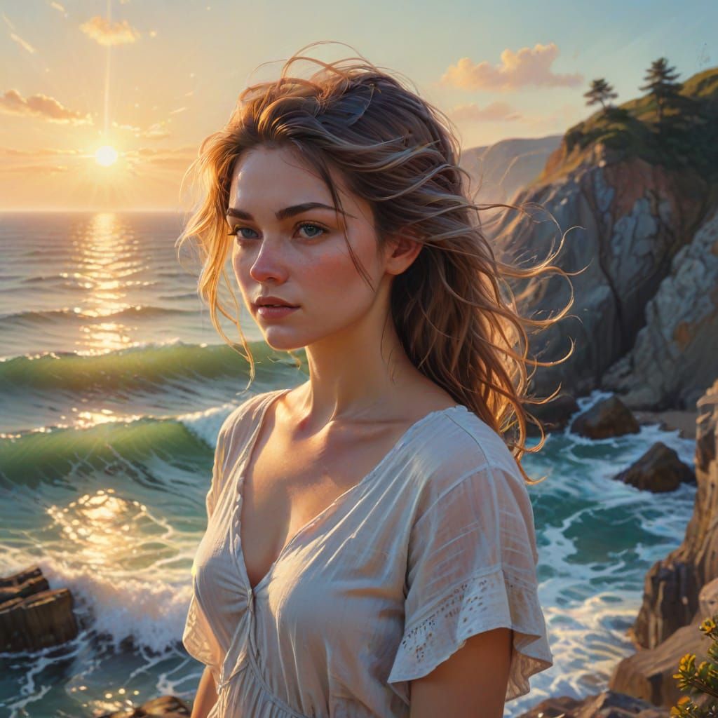 Woman on Cliff in Vibrant Impressionist Seascape
