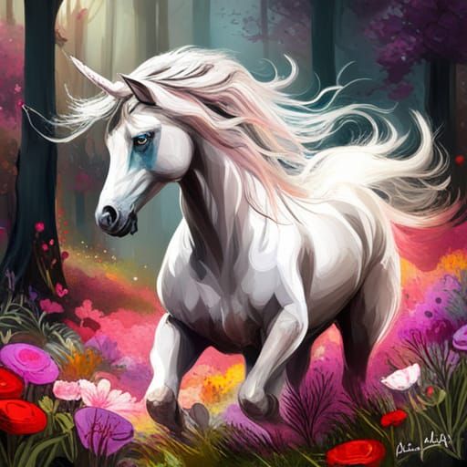 White Unicorn Running Through Colorful Flower Forest