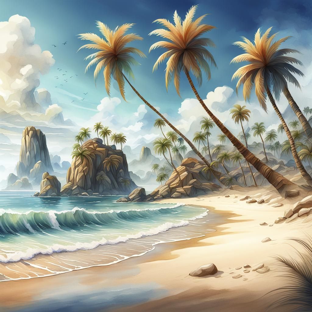 Paradise Beach Illustration in Watercolor and Ink