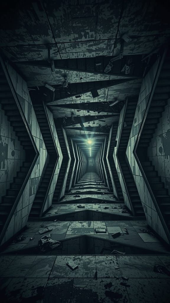 Surreal Staircase Horror in Dreary Tones