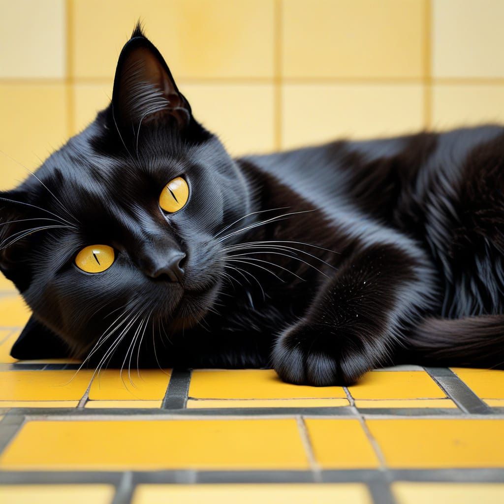 Minimalist Black Cat Sleeping on Yellow Floor