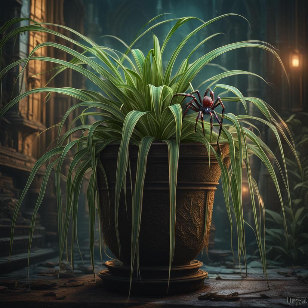 Spider on Spider Plant: Detailed Fantasy Art