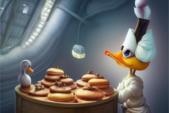 Anthropomorphic Duck Enjoys Bread in Bakery