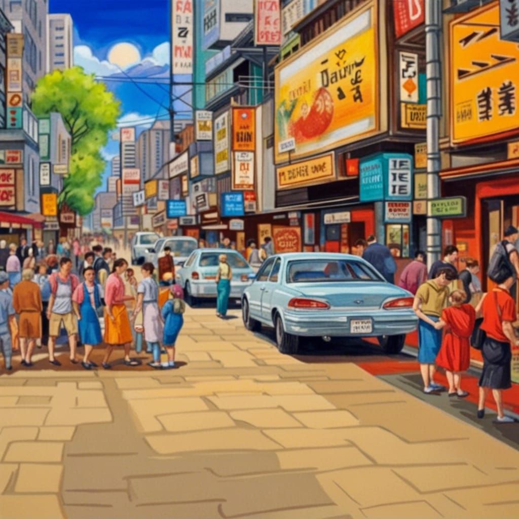 Japanese Street Scene with Cars and Pedestrians