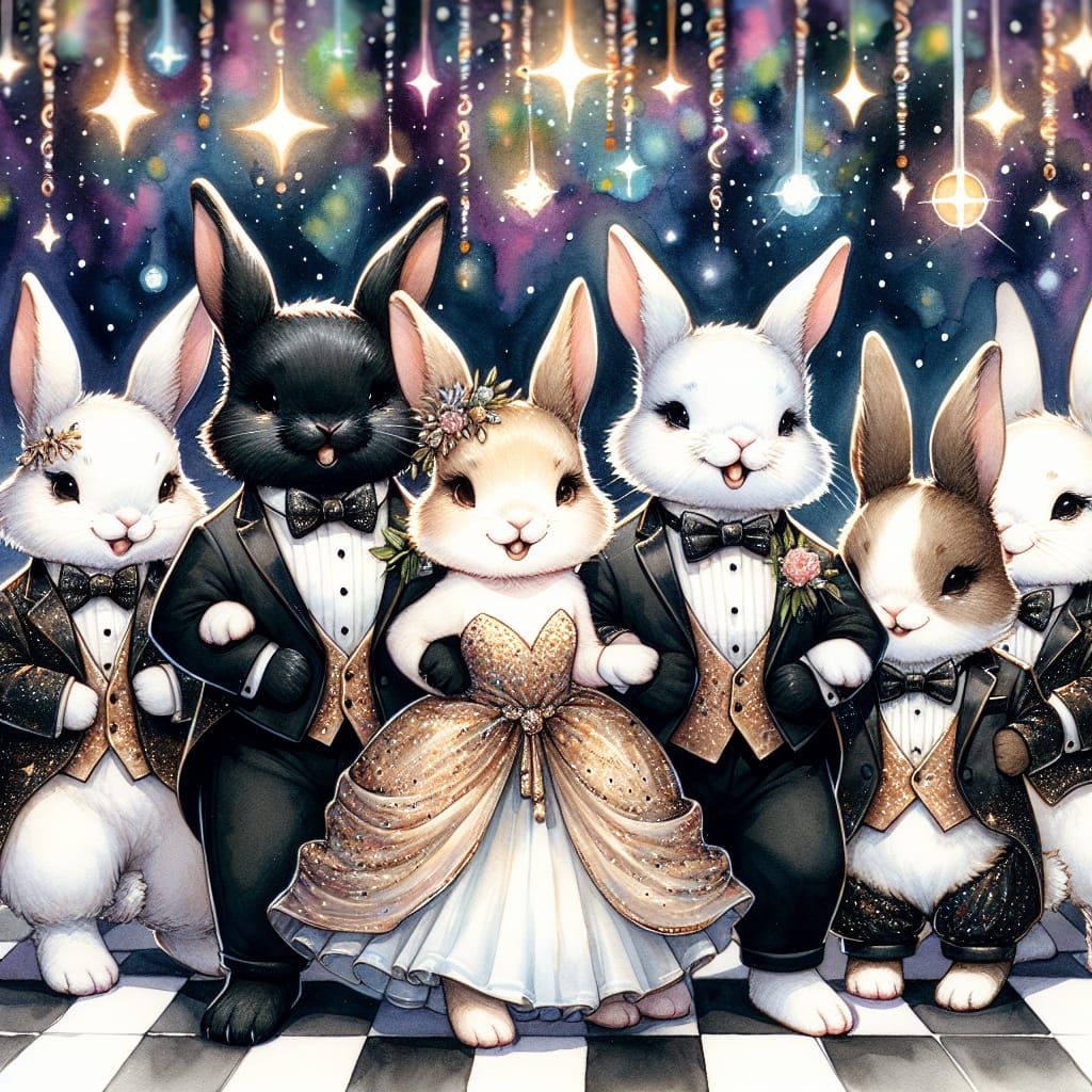 Bunnies in Disco Attire Dance Under Starry Night Sky