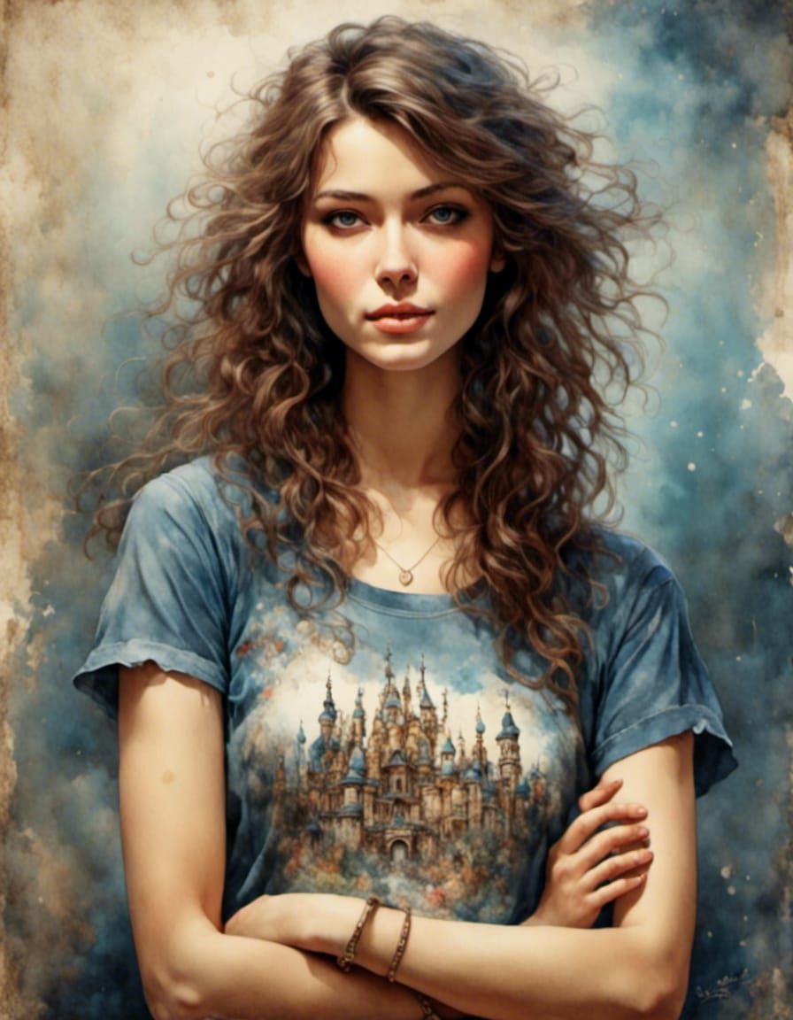 Playful Woman Portrait in Hyperreal Romantic Watercolor Styl...