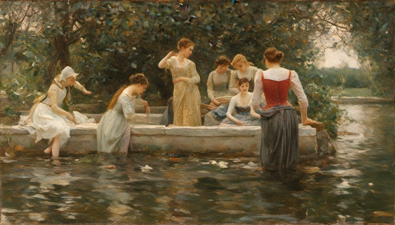 Renaissance Bathers in a Pond: A Bruegel-esque Scene