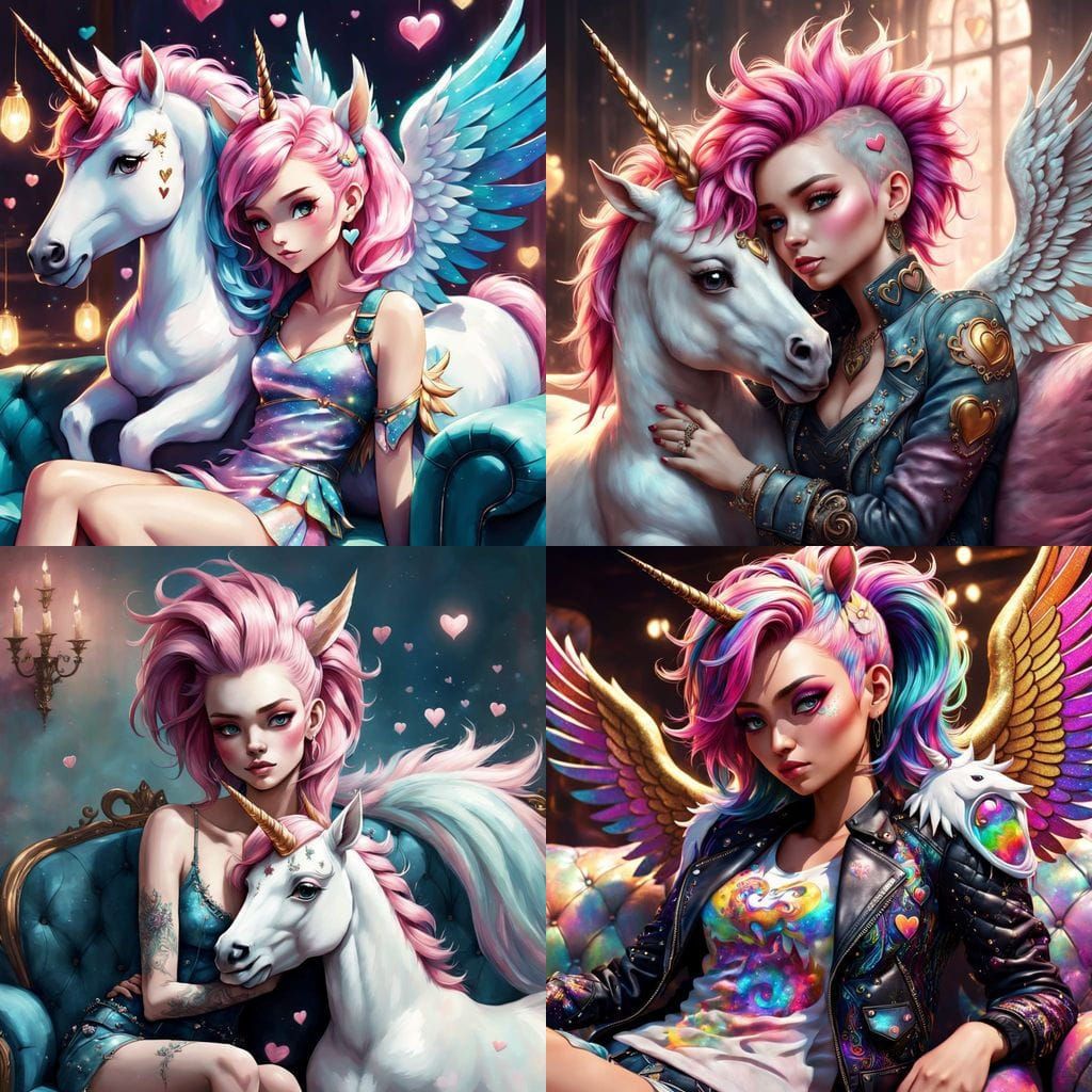 Punk Rock Girl Cuddles Unicorn in Whimsical Home Scene