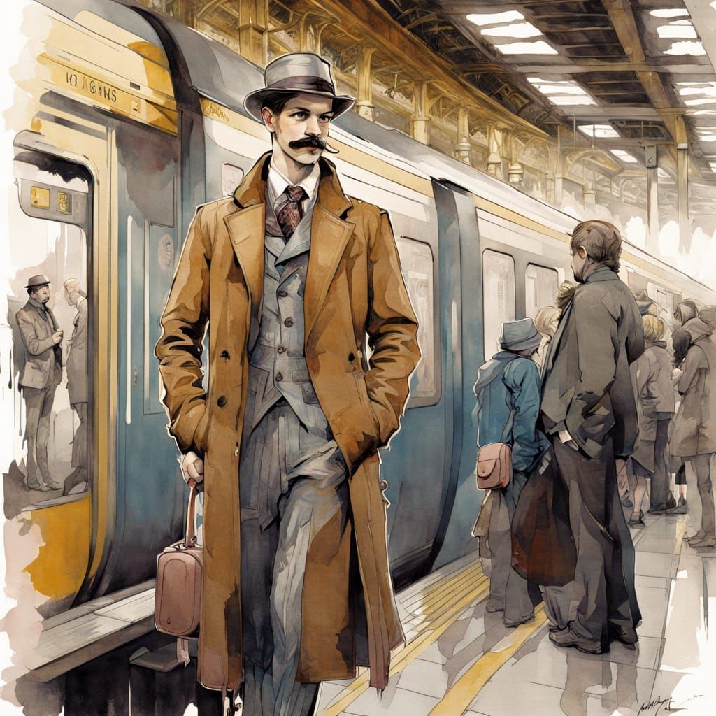 Elegant Man with Moustache Waiting at Train Station