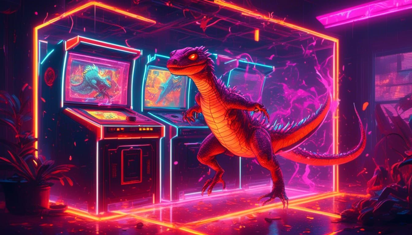 Monster Lizard Exploding from Arcade Screen: Pixel Art