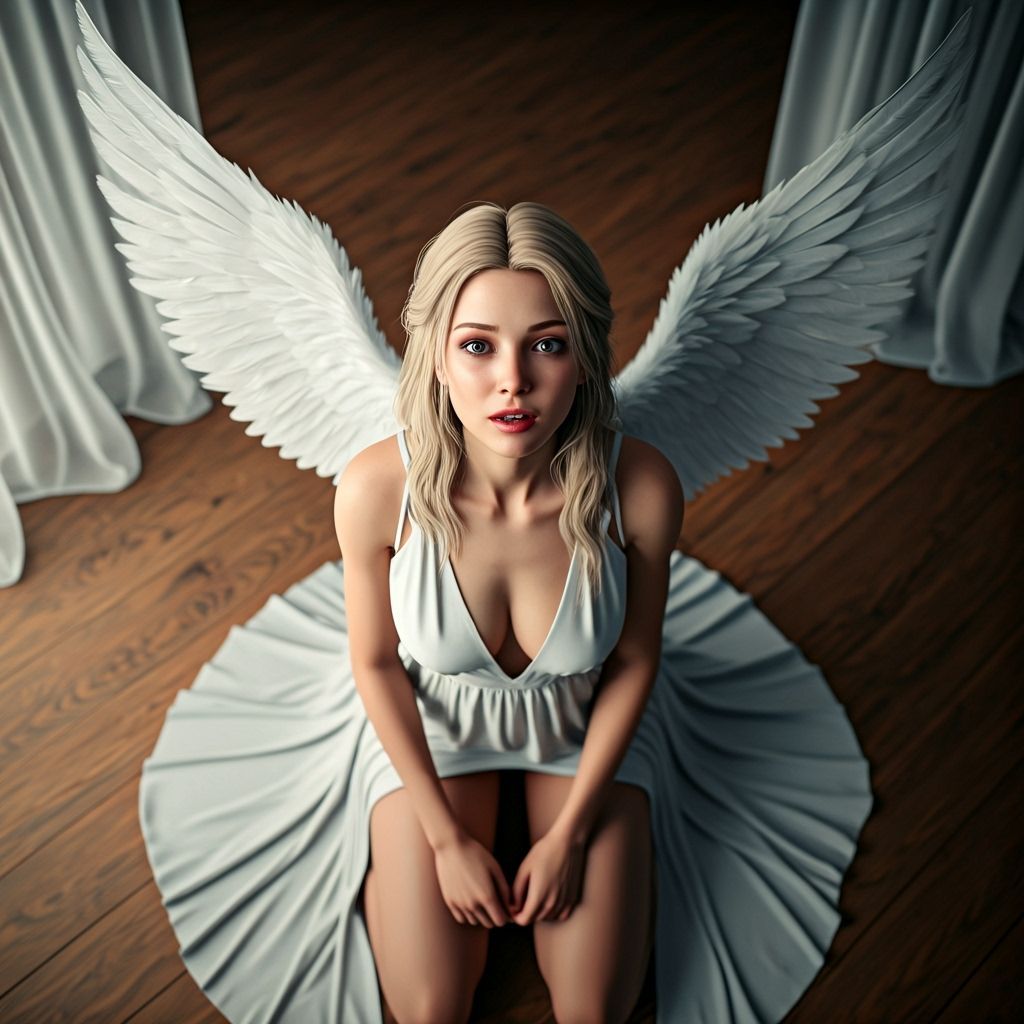Angelic Woman with White Wings on Wooden Floor